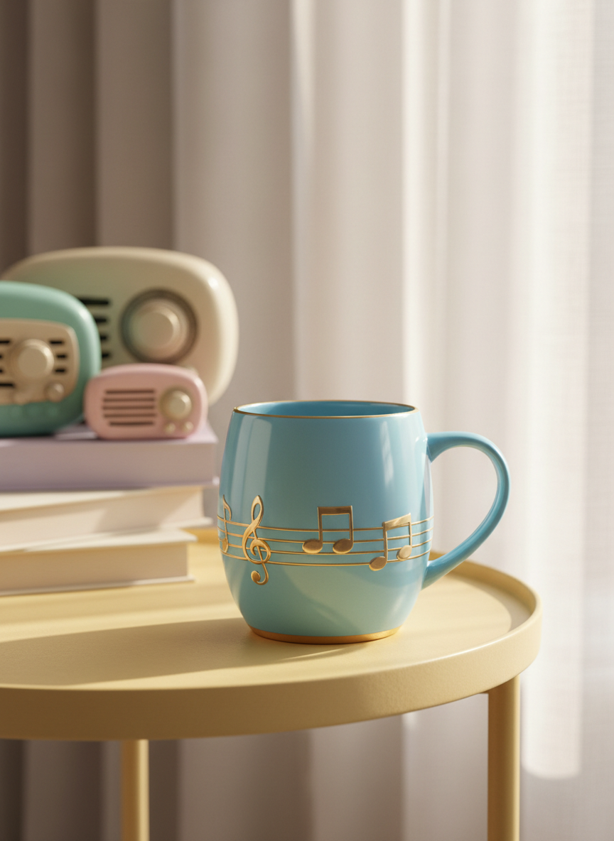 A close-up of a glossy, sky-blue ceramic mug adorned with playful, embossed musical notes and a golden trim sits on a round, cheerful yellow side table. The backdrop softly fades into a collection of rounded, pastel-hued radio equipment and neatly stacked devotionals. Afternoon sunlight filters through white curtains, creating gentle highlights and soft, whimsical shadows. The focus is shallow on the mug, with the background artfully blurred for depth and warmth. This vibrant, whimsical photographic composition with its rounded forms and energetic palette perfectly complements the site’s playful, faith-affirming tone.