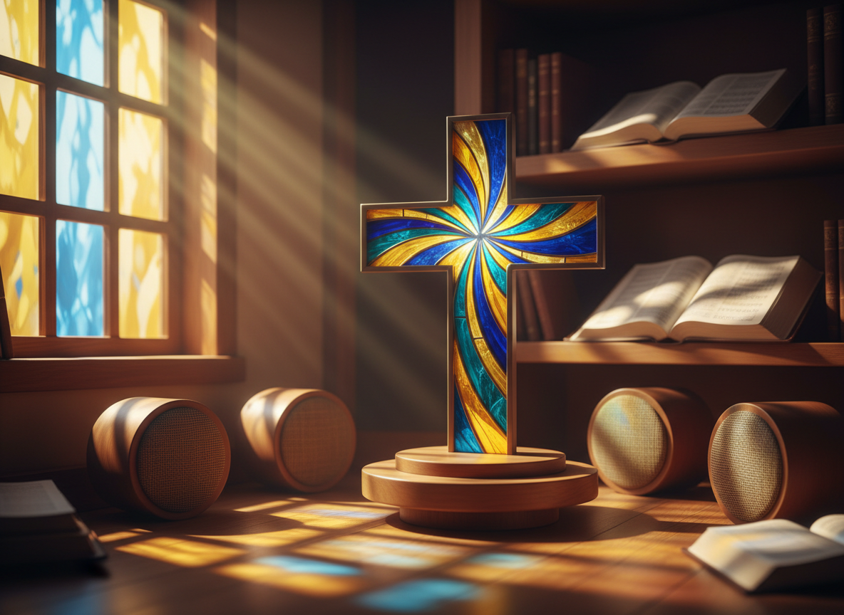 A radiant stained glass cross with intricate, swirling patterns in bright yellows, blues, and greens stands illuminated on a small pedestal in a cozy, warmly-lit radio studio. Surrounding the cross are whimsical, rounded speakers and open hymnals displayed on polished wood shelves. Sunbeams filter through the studio window, causing dappled, multi-colored reflections on nearby surfaces. The scene is shot at an eye-level perspective with moderate depth of field, resulting in a playful, faith-filled yet energetic ambiance. The image style leans toward photographic realism, with high saturation and dynamic, soft shapes that evoke community and worship.