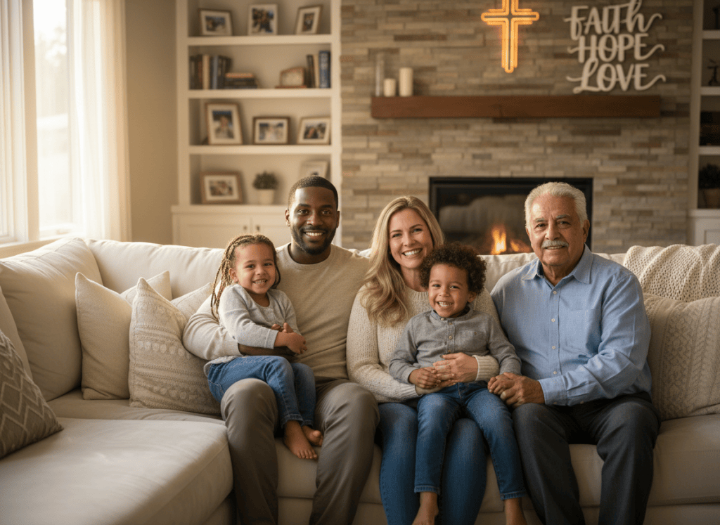 Warm, welcoming hero banner image featuring a diverse happy family sitting together and smiling in a cozy living room, with soft light and subtle depth of field, suitable as a website header background for a Christian family-focused radio ministry